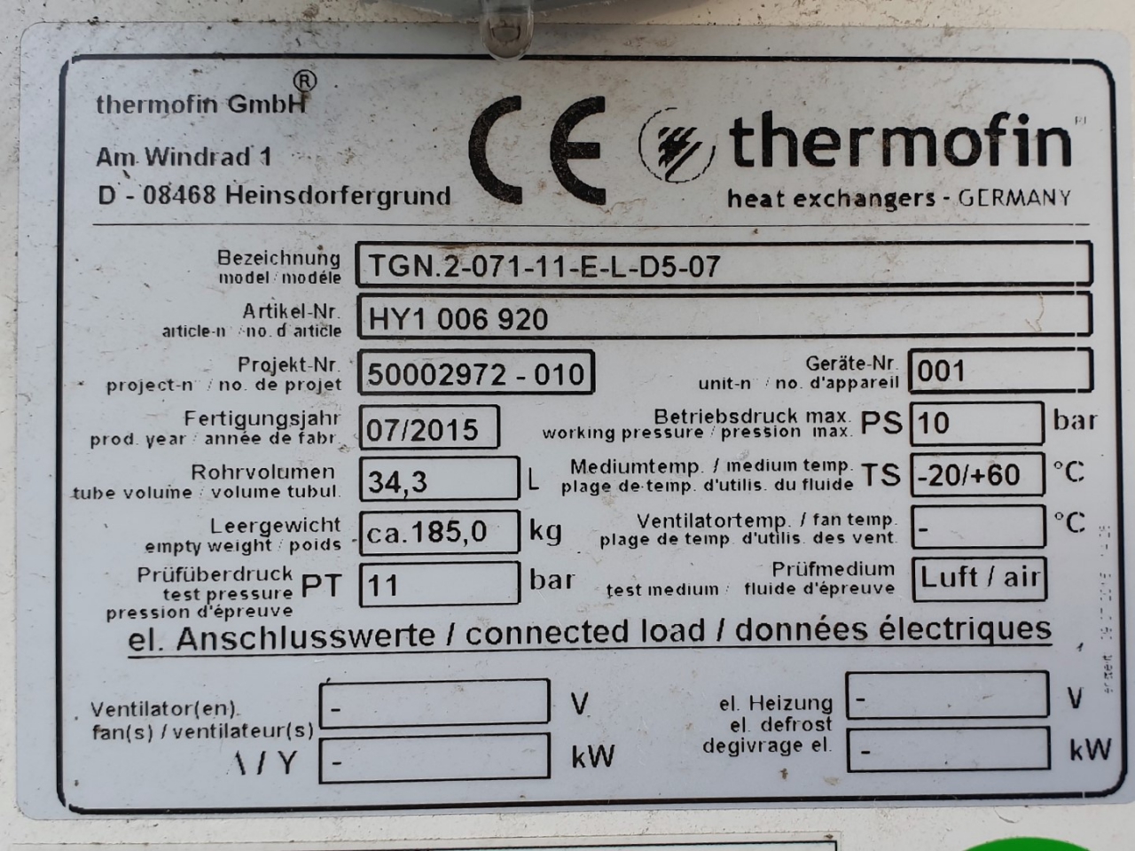 Thermofin Tgn 2 071 11 E L D5 07 Evaporator Hos Bv